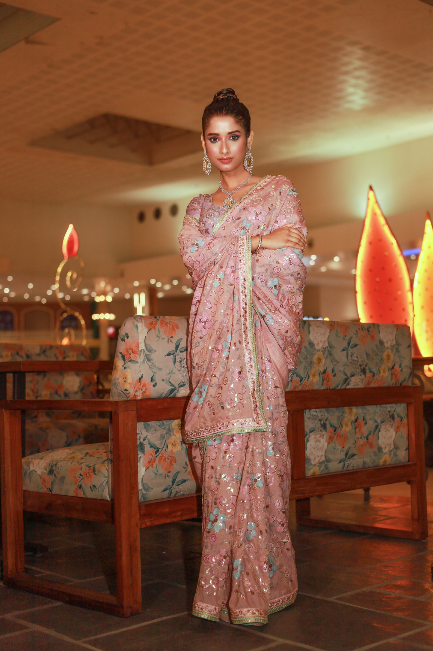 Mauve Pure Chiffon Georgette Saree With Full Embroidery