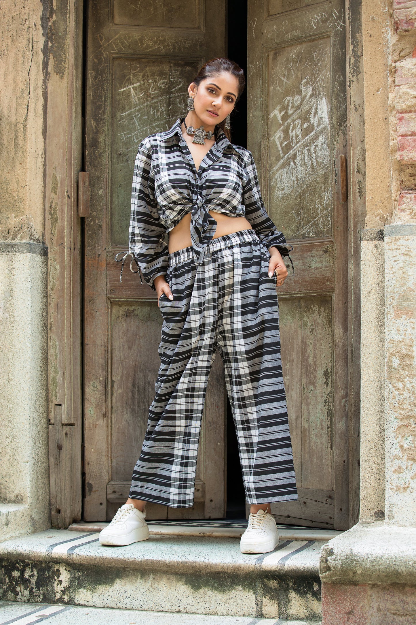 Cotton Coord 2 Piece Set - Black & White Tie Up