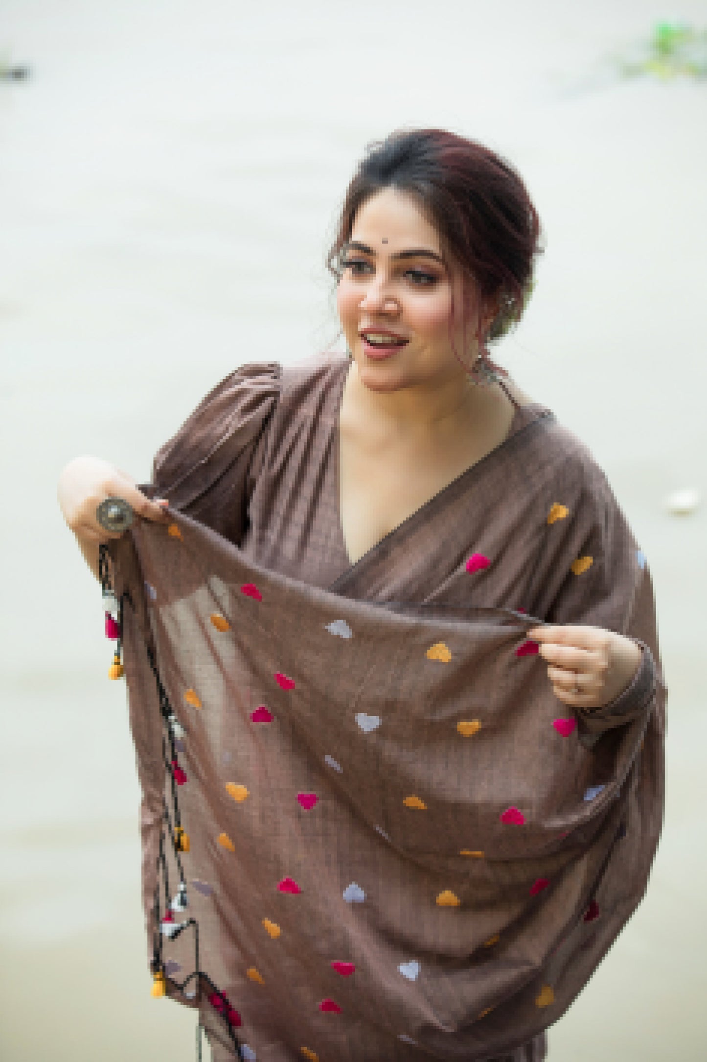Lovable Hearts Brown Cotton Saree