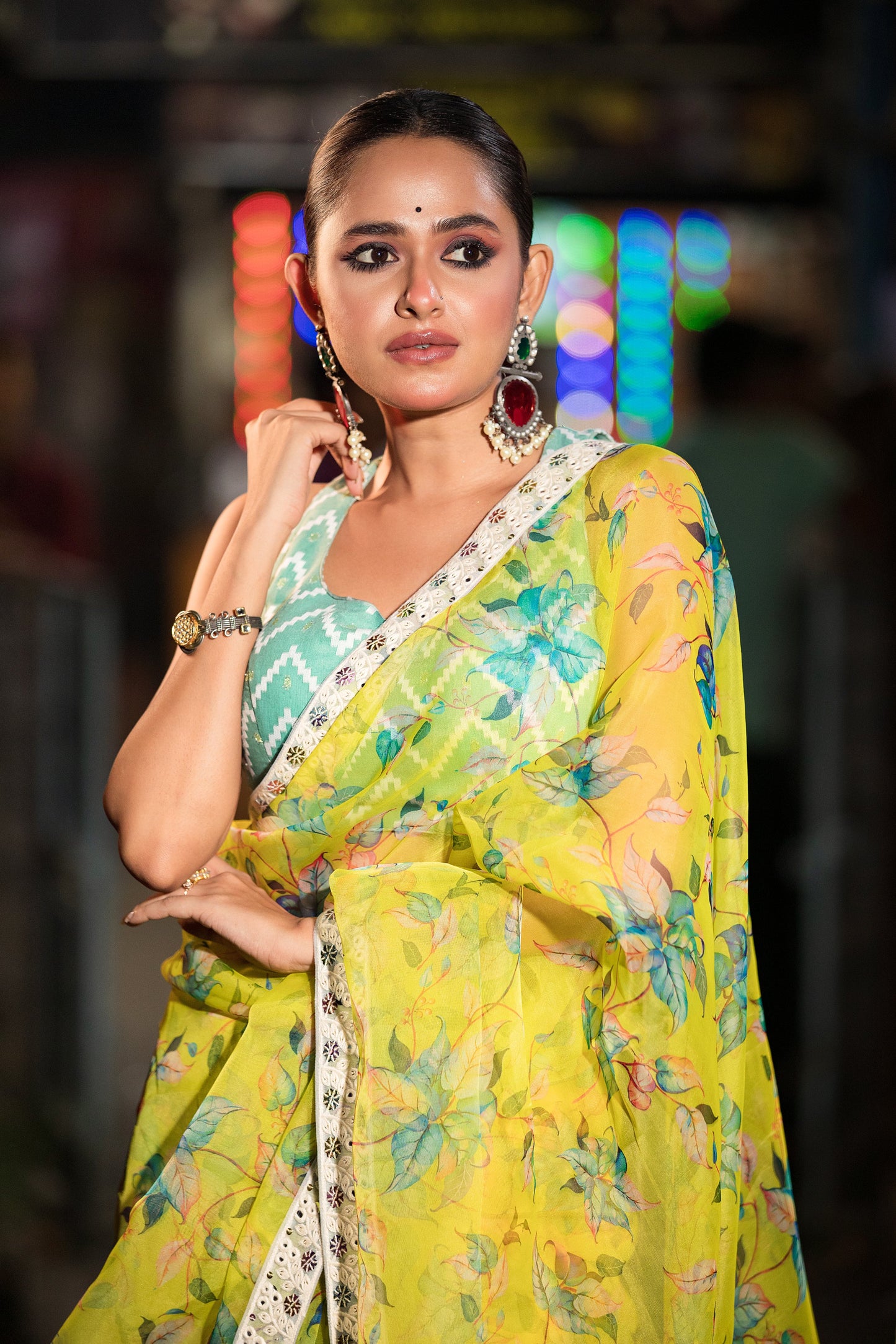 Organza Floral Saree - Lemon Yellow