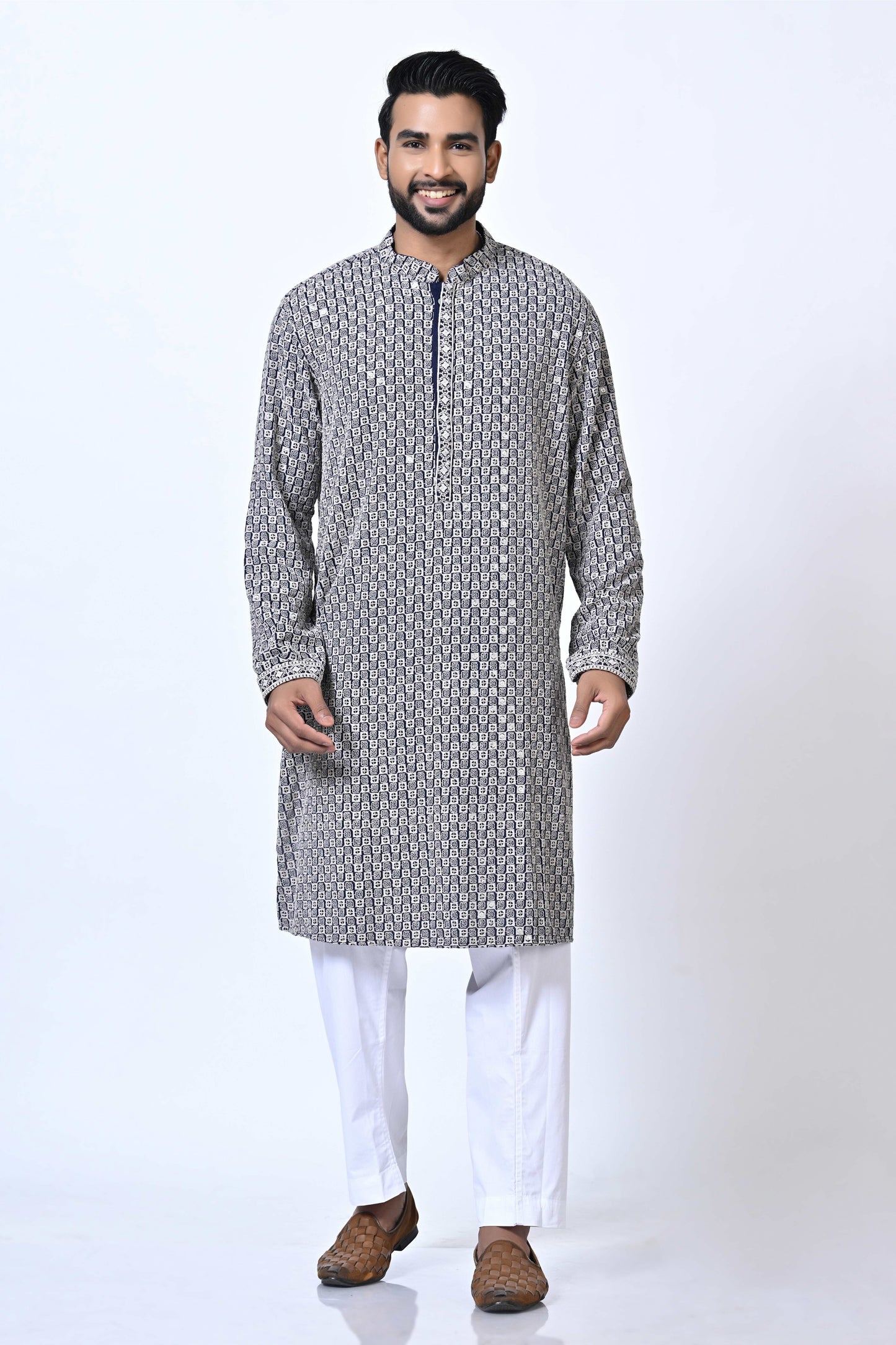Chikankari Kurta Set Men - Black & White