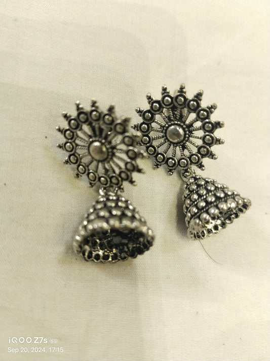 The Silver Sunbeams Oxidised Jhumka Earrings