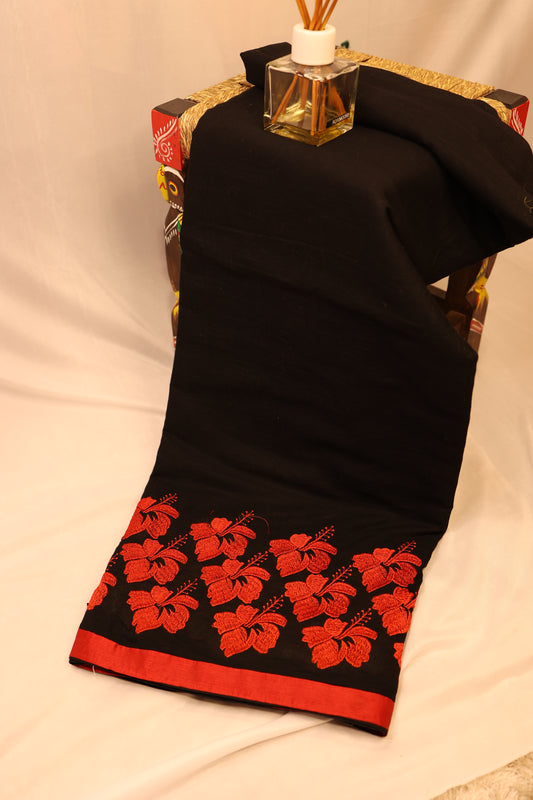 Black Floral Cotton Saree