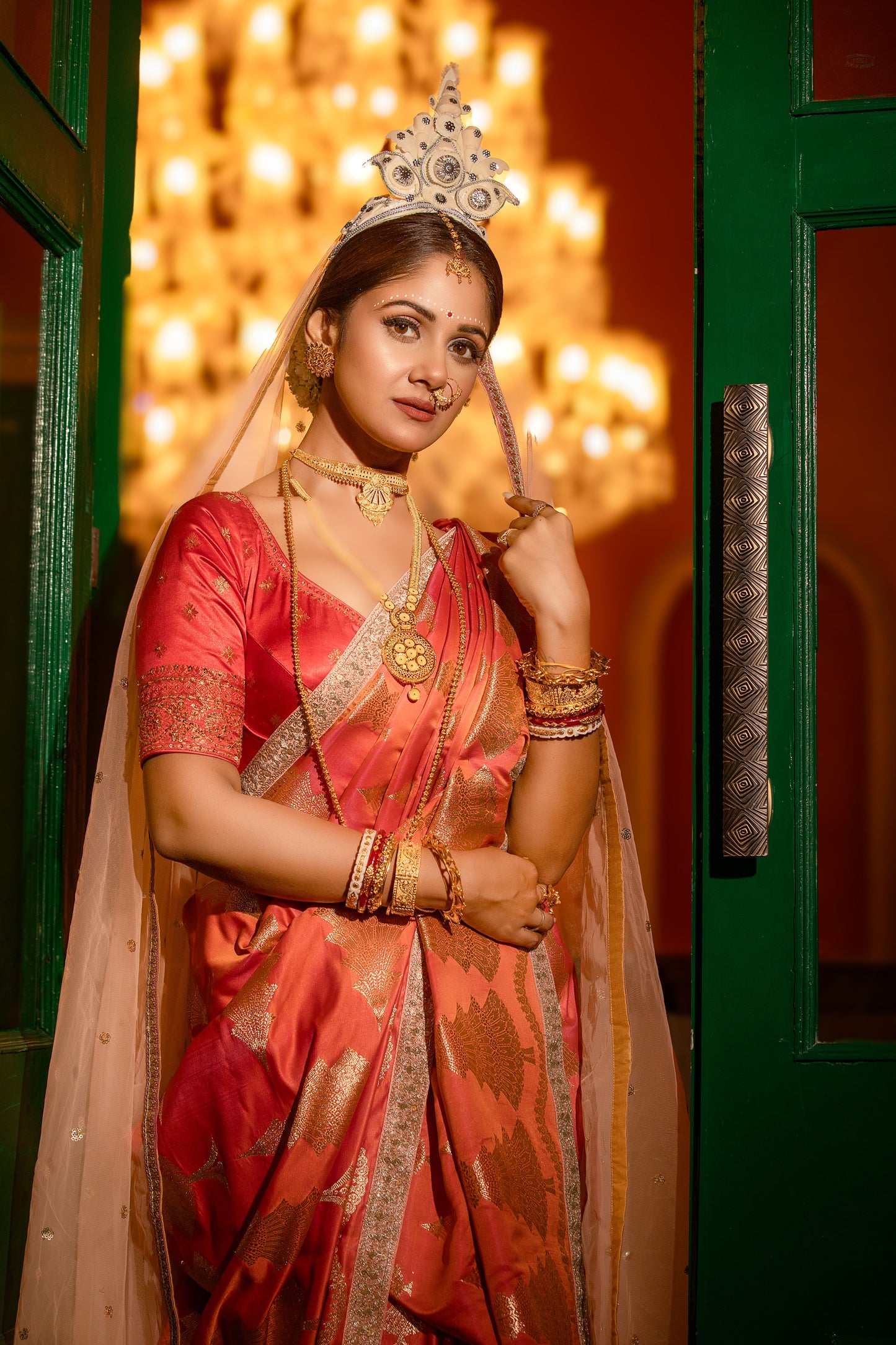 The Peach Orange Katan Banaras Saree