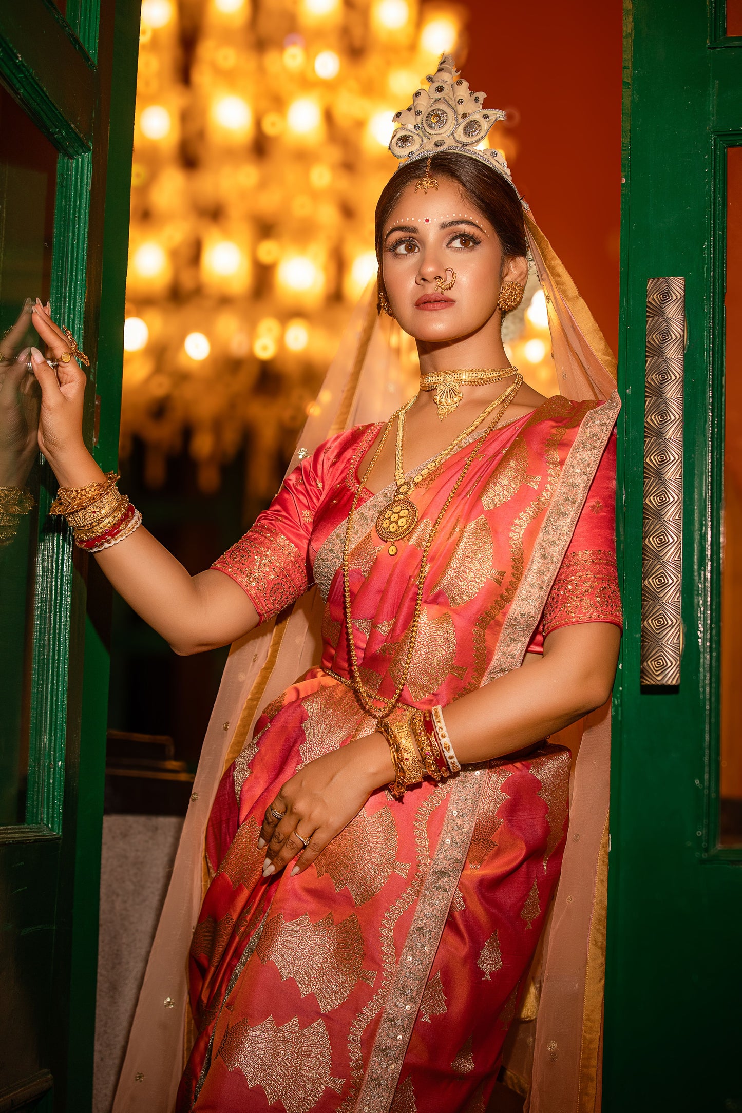 The Peach Orange Katan Banaras Saree