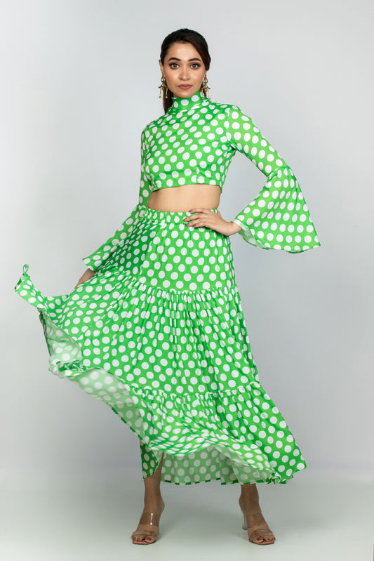 Georgette Green dot Polka Skirt and Crop Top Coord