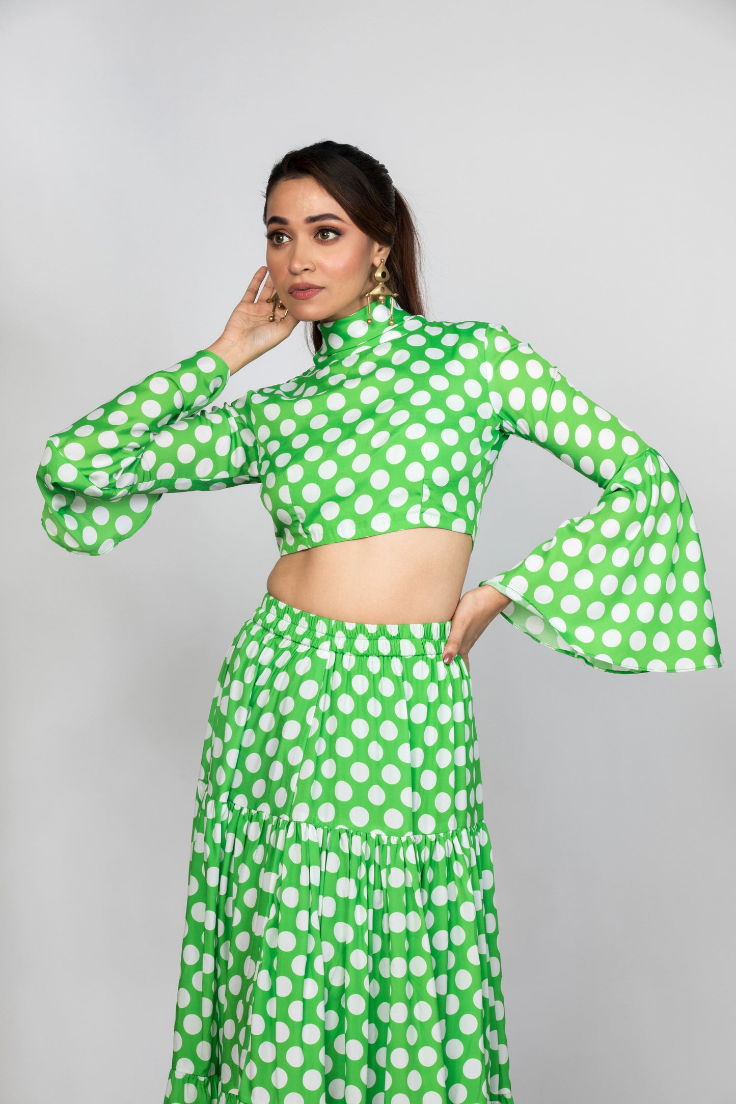 Georgette Green dot Polka Skirt and Crop Top Coord