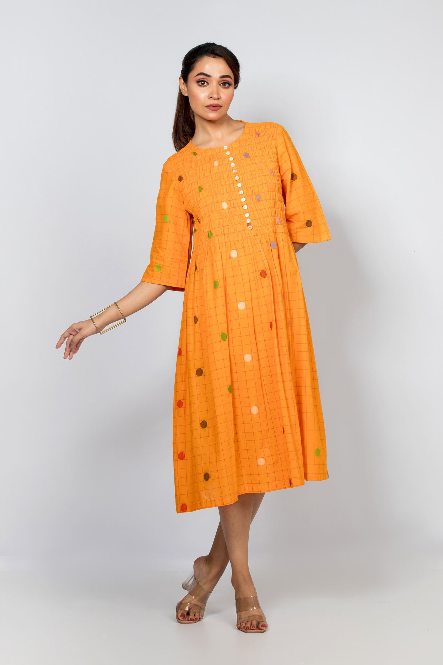 Jamdani Dress with Multi Colour Polka - Yellow