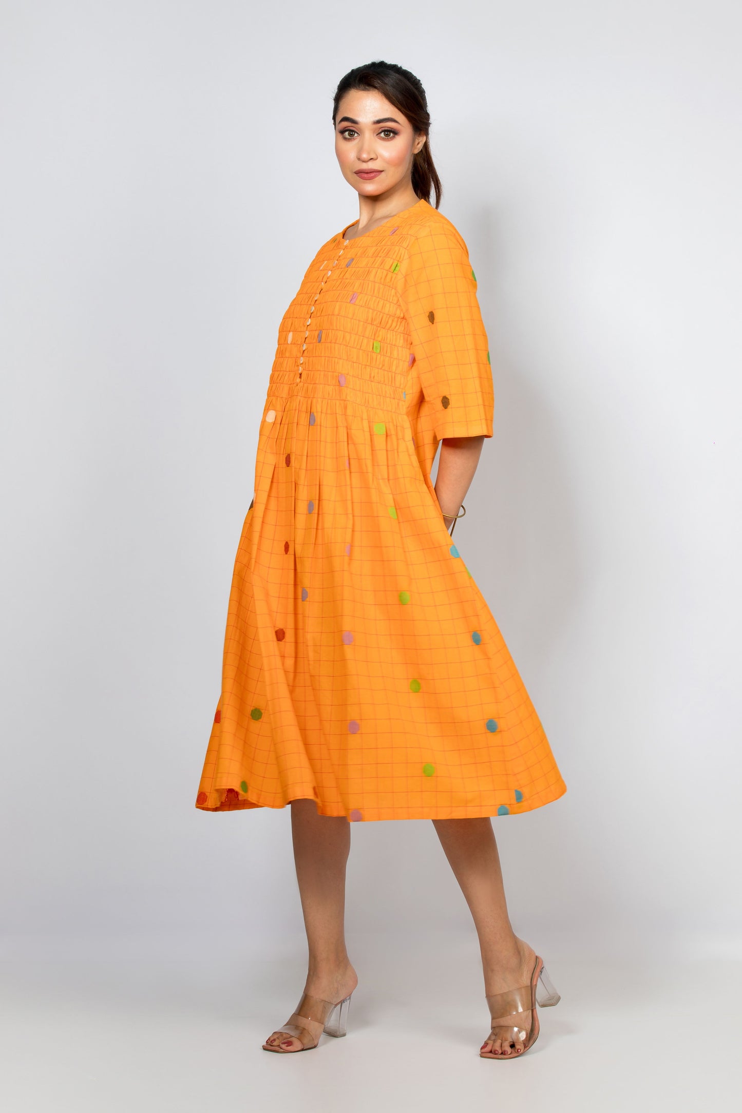 Jamdani Dress with Multi Colour Polka - Yellow