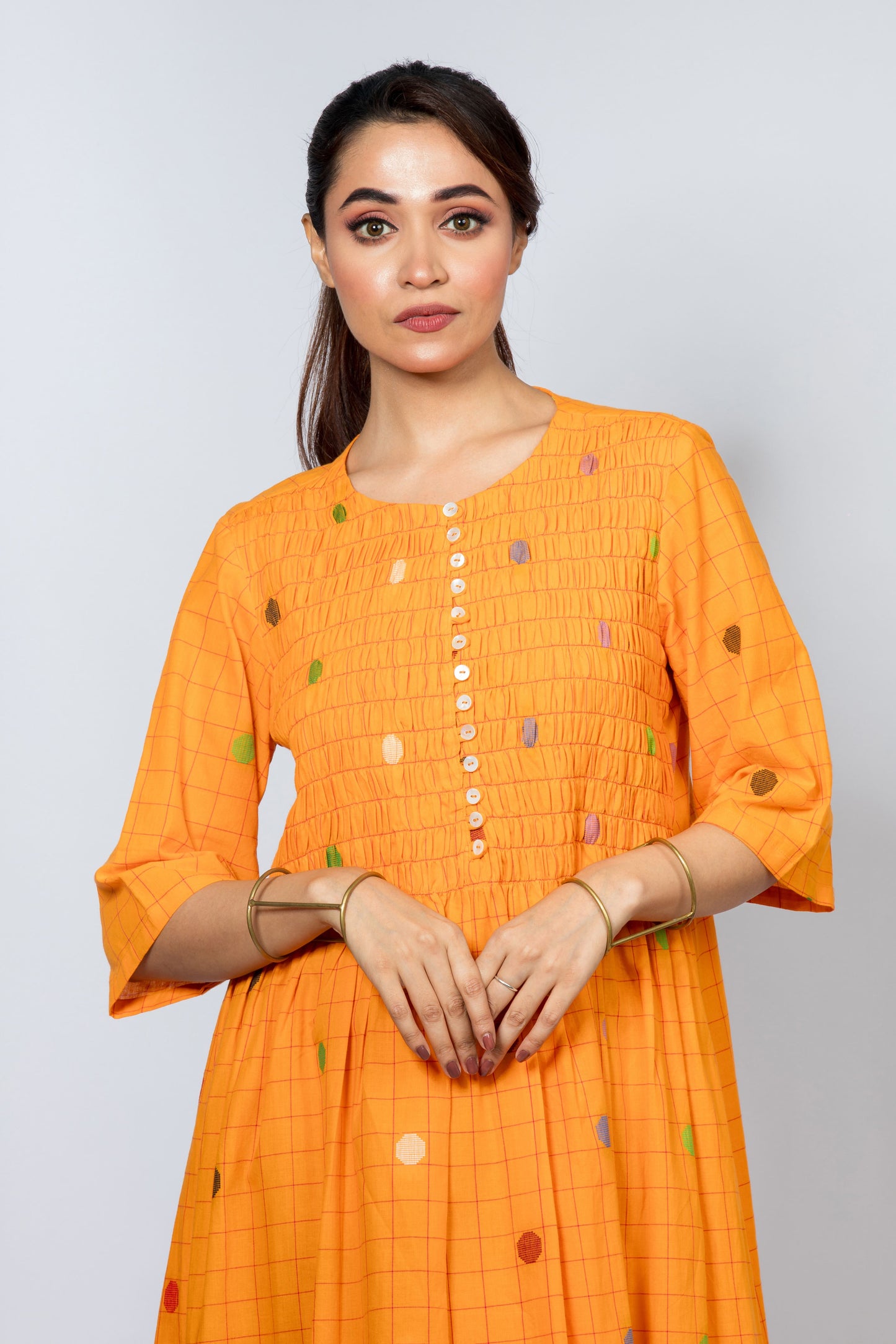 Jamdani Dress with Multi Colour Polka - Yellow