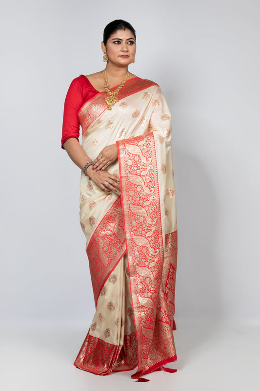 Banarasi Silk Saree - Red & White