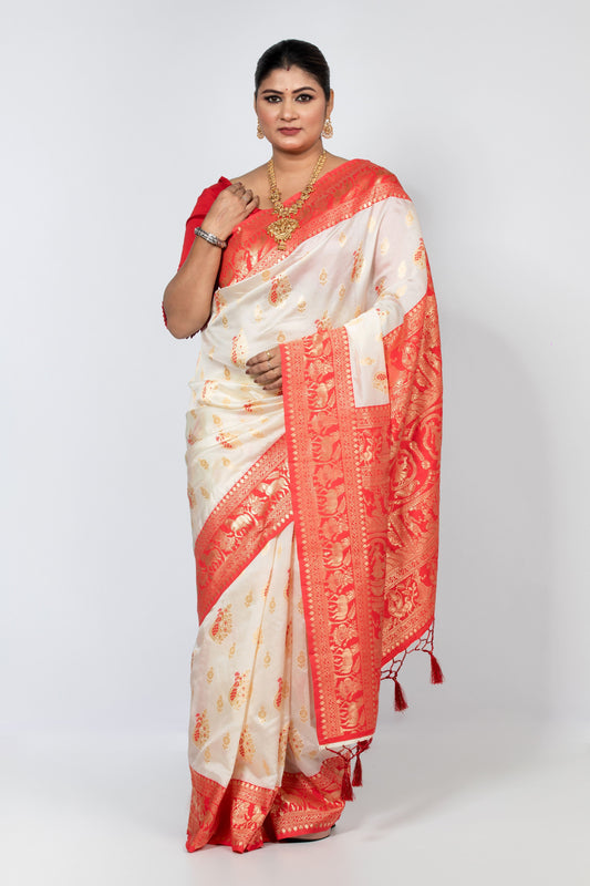 Banarasi Silk Saree - Red and White