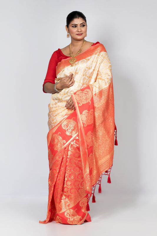 Banarasi Silk Saree - Orange and White