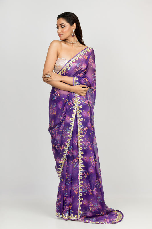 Georgette Saree With Hand Embroidered Border