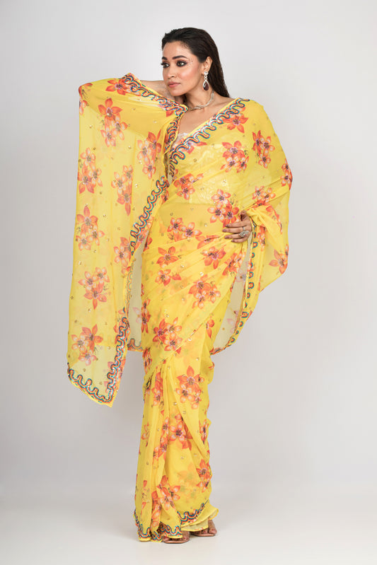 Fun Georgette Saree - Yellow