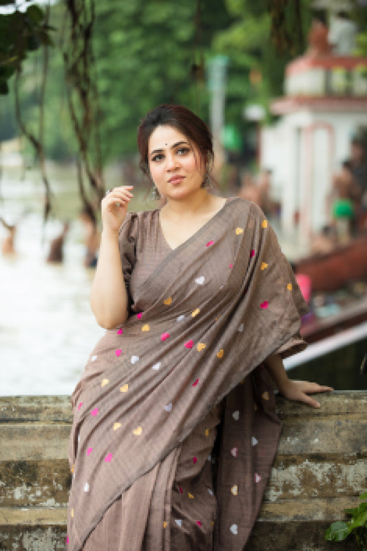 Lovable Hearts Brown Cotton Saree