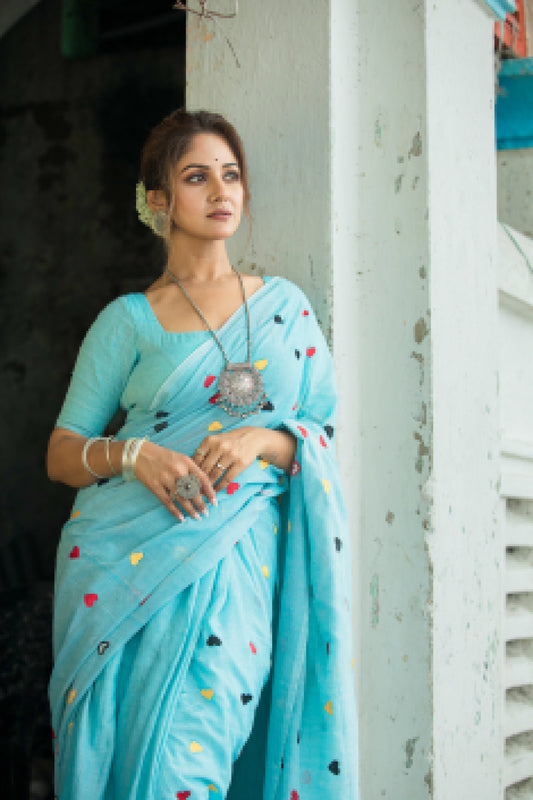 Lovable Hearts Blue Cotton Saree