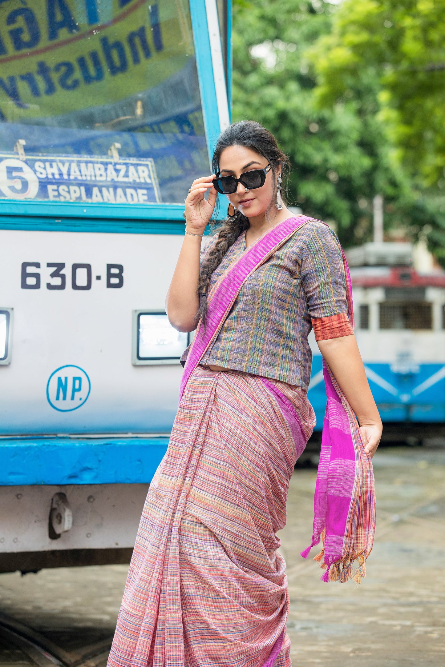 Cotton Stripped Saree - Pink