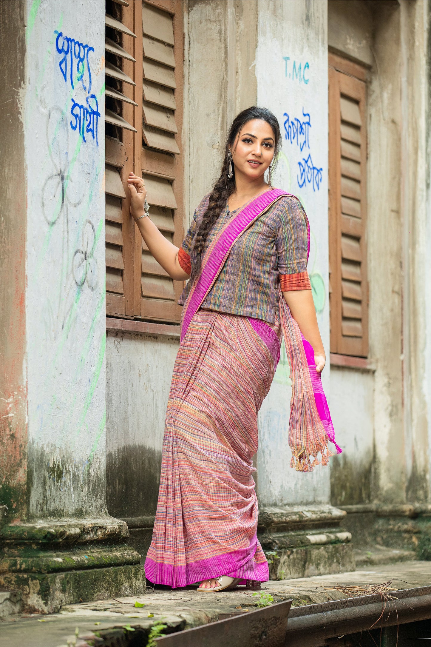 Cotton Stripped Saree - Pink