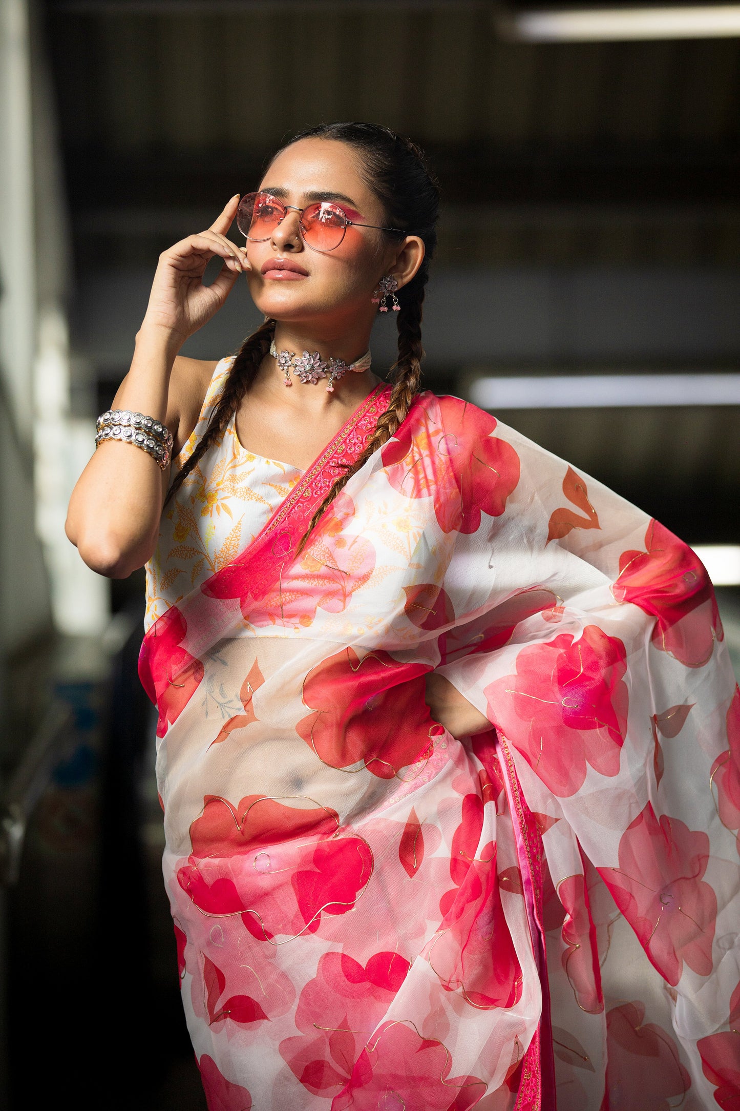 Organza Floral Saree - Red