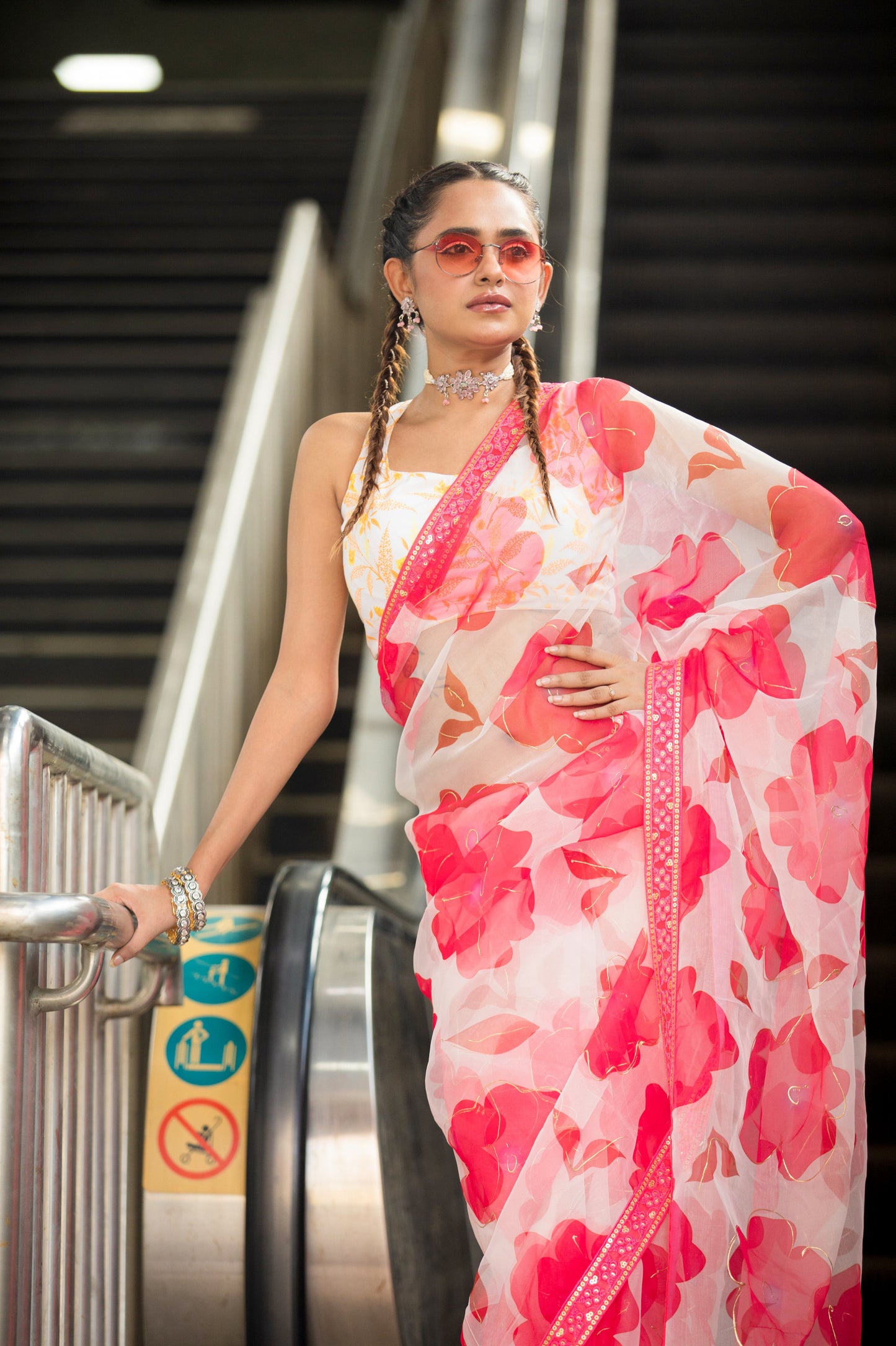 Organza Floral Saree - Red