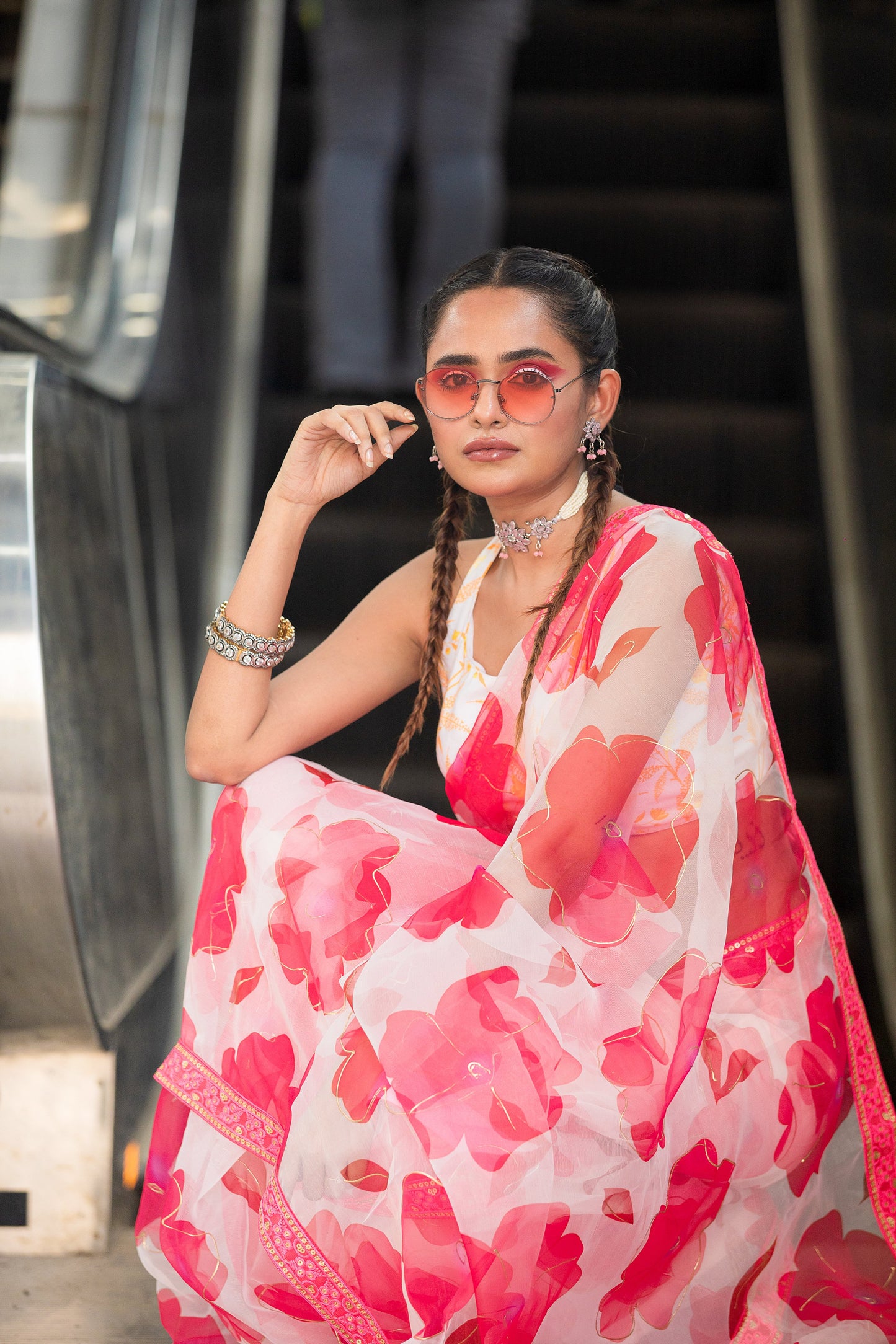 Organza Floral Saree - Red