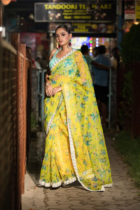 Organza Floral Saree - Lemon Yellow