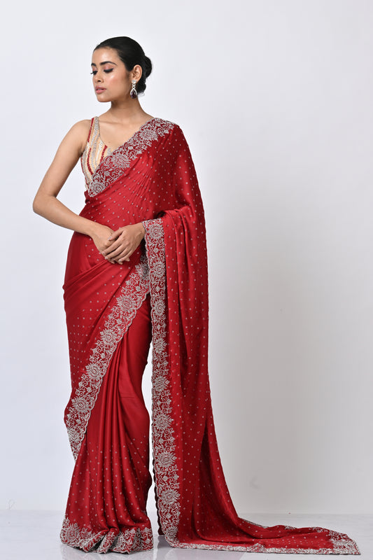 The Satin Serenity Red Saree