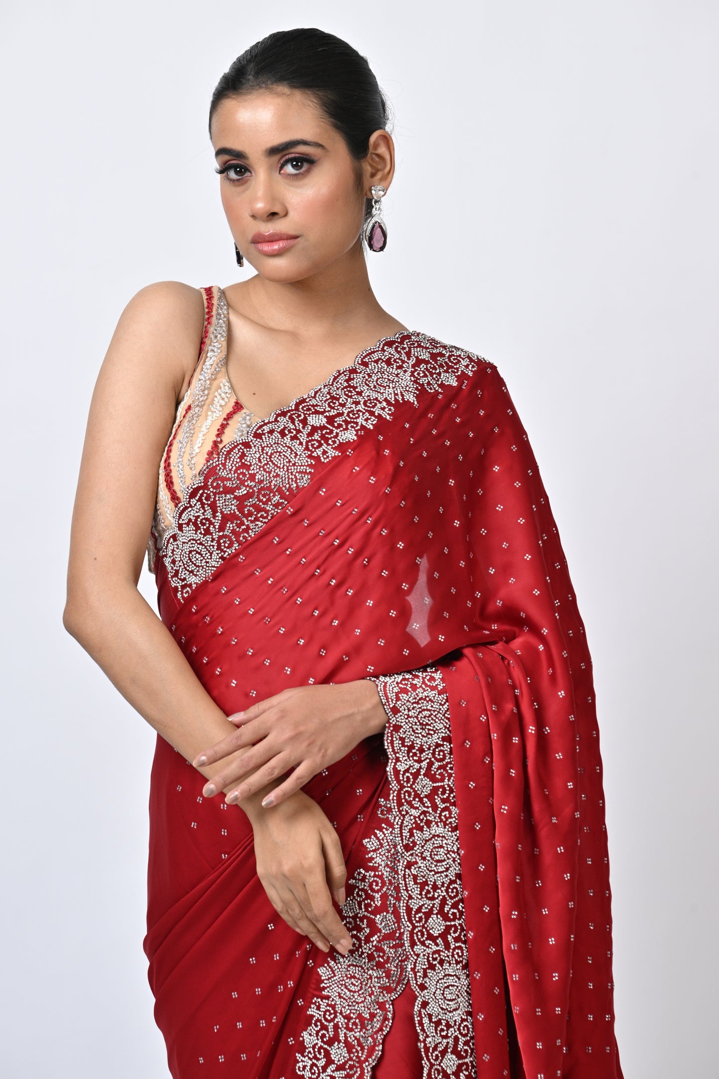 The Satin Serenity Red Saree