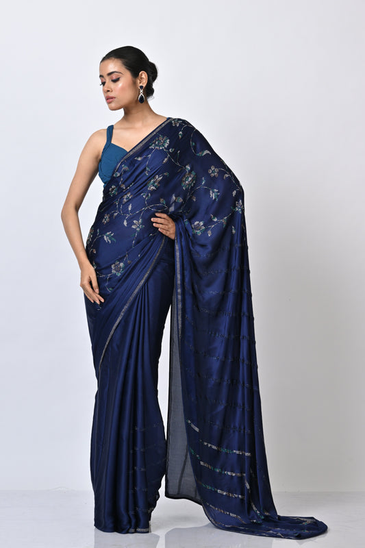 The Navy Blue Satin Serenity Saree