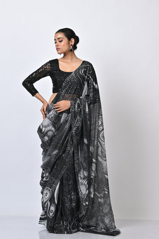 Printed Georgette Saree - Black Sequenced