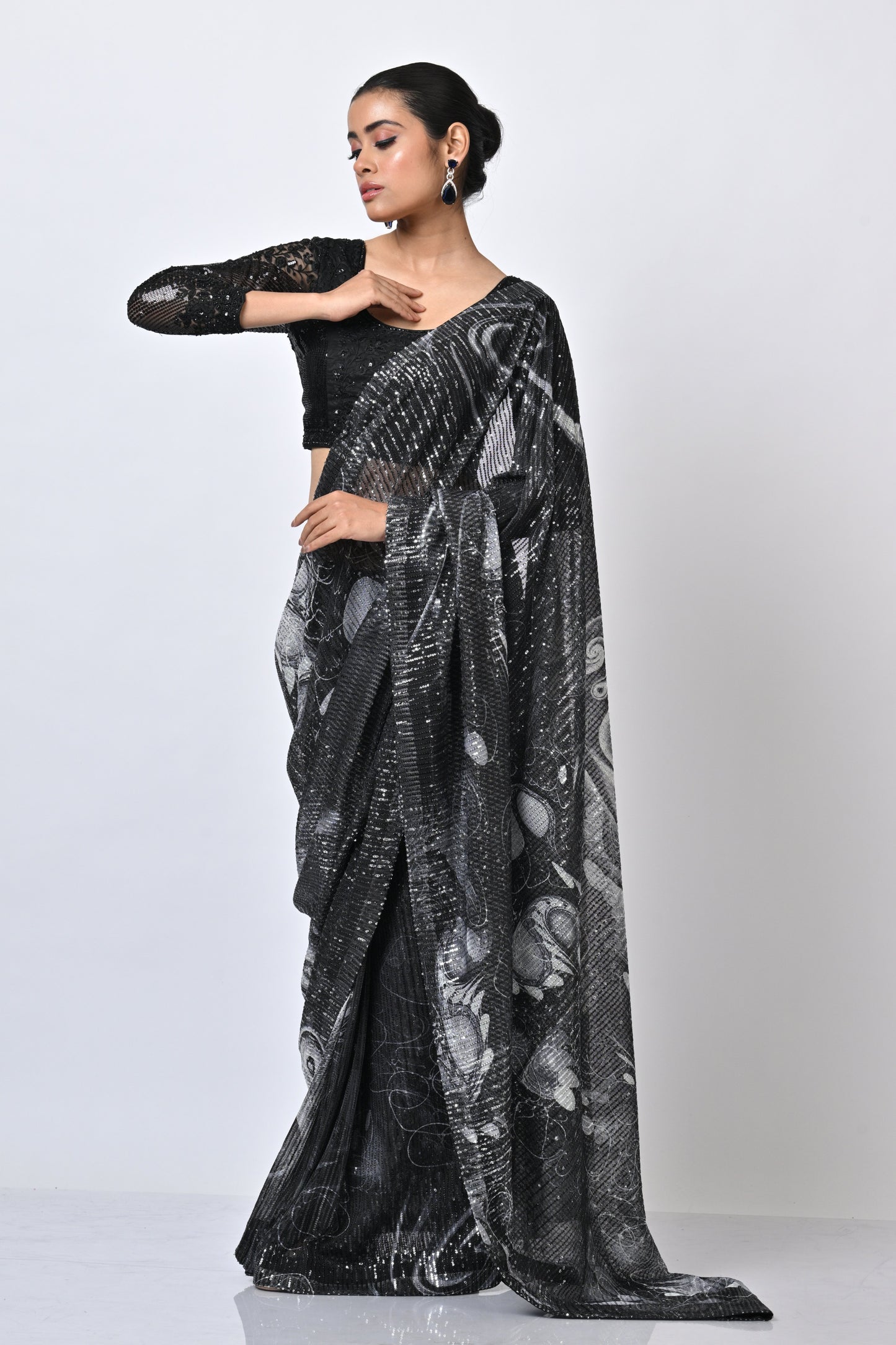 Printed Georgette Saree - Black Sequenced