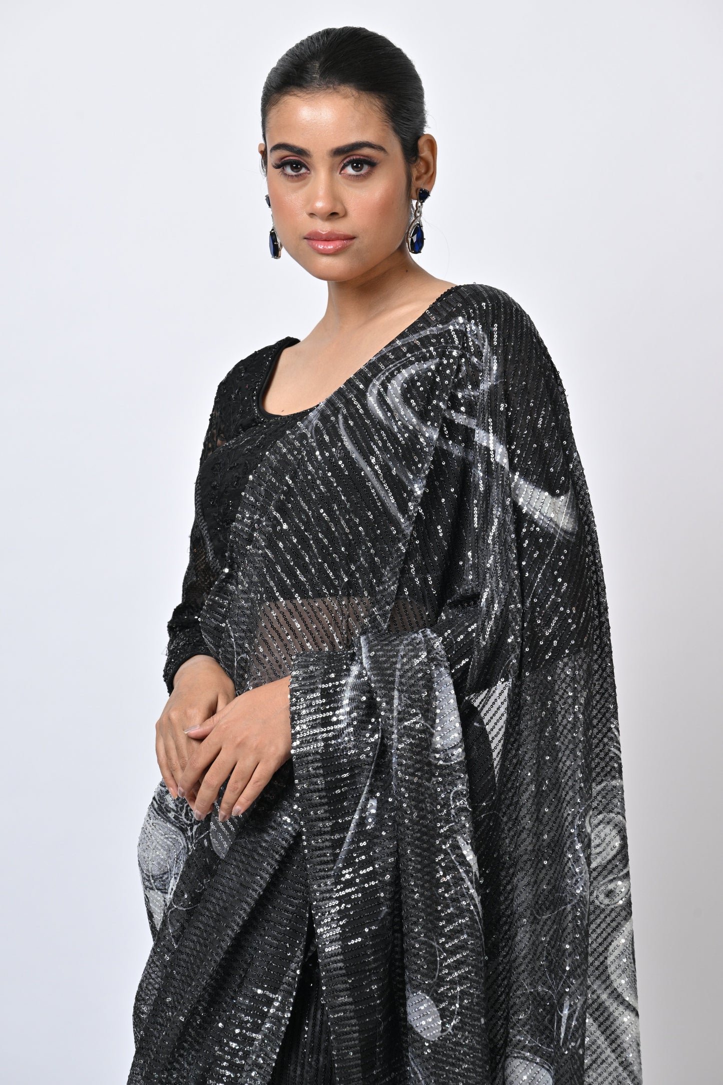 Printed Georgette Saree - Black Sequenced