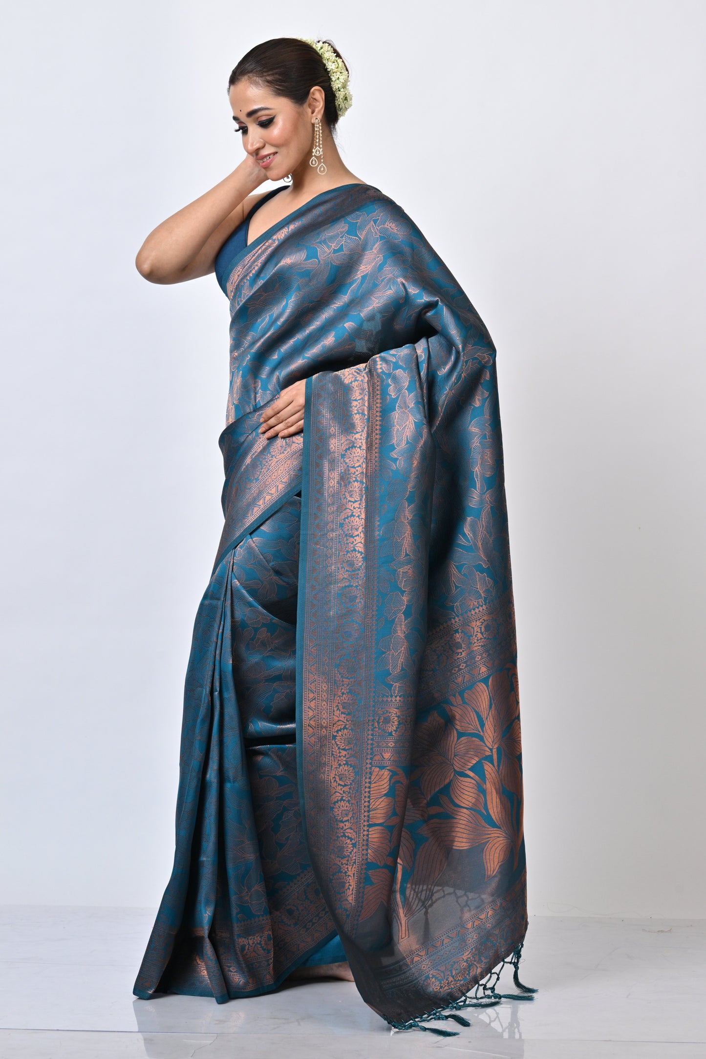 Nazakat  Teal Blue Bengal Silk Saree