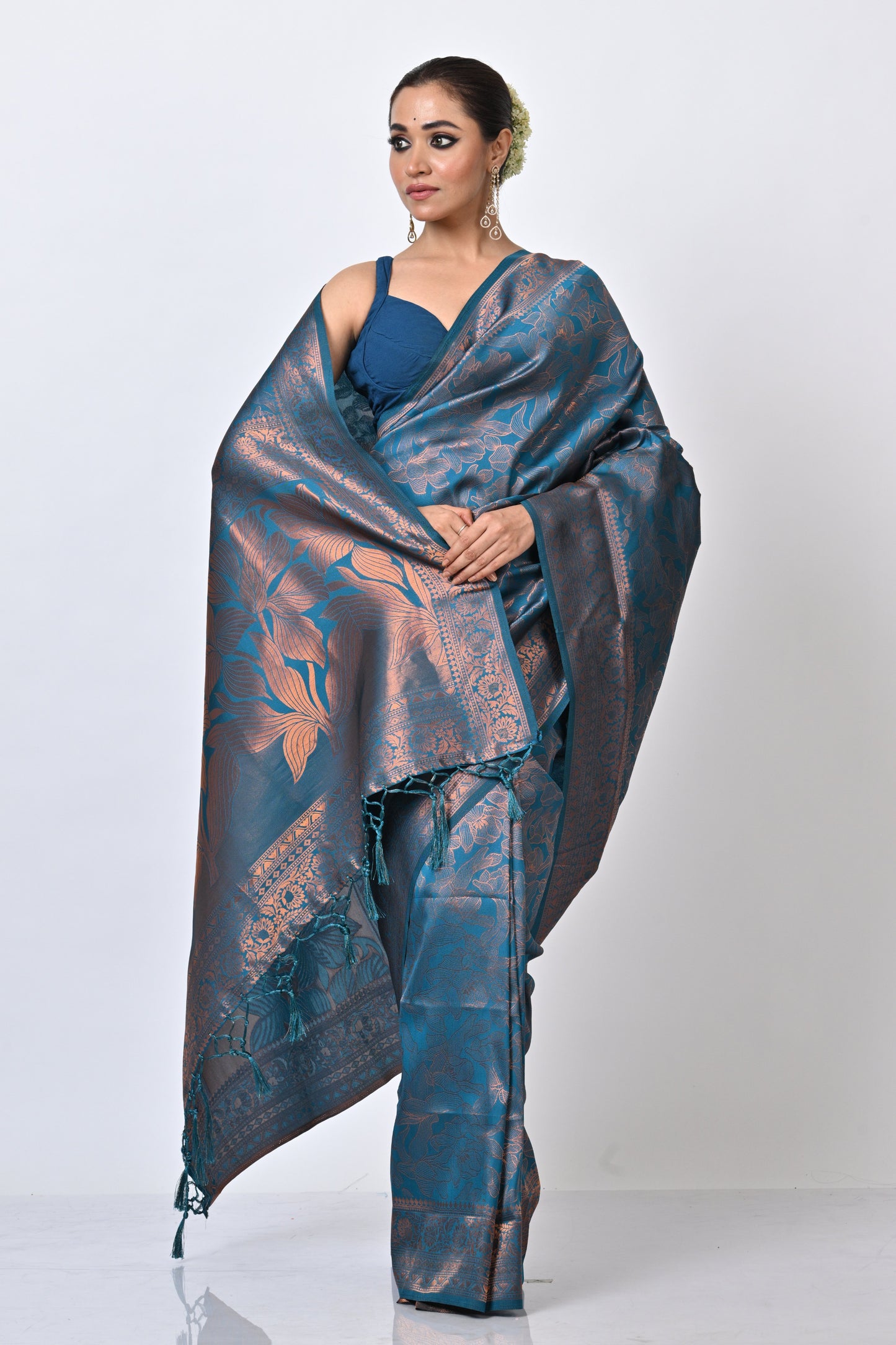 Nazakat  Teal Blue Bengal Silk Saree