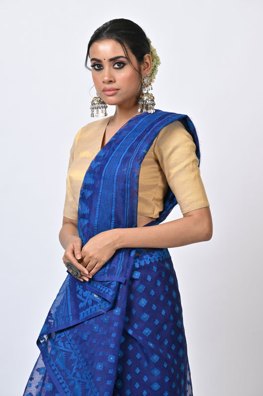 Blue Jamdani With Korola Patta Border