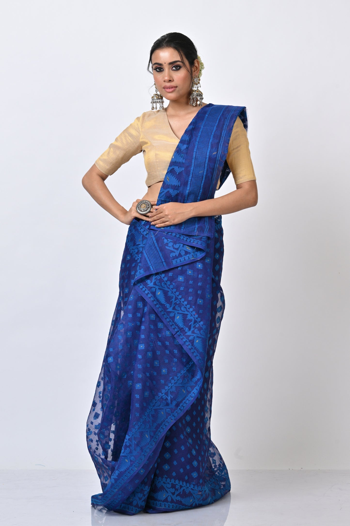 Blue Jamdani With Korola Patta Border