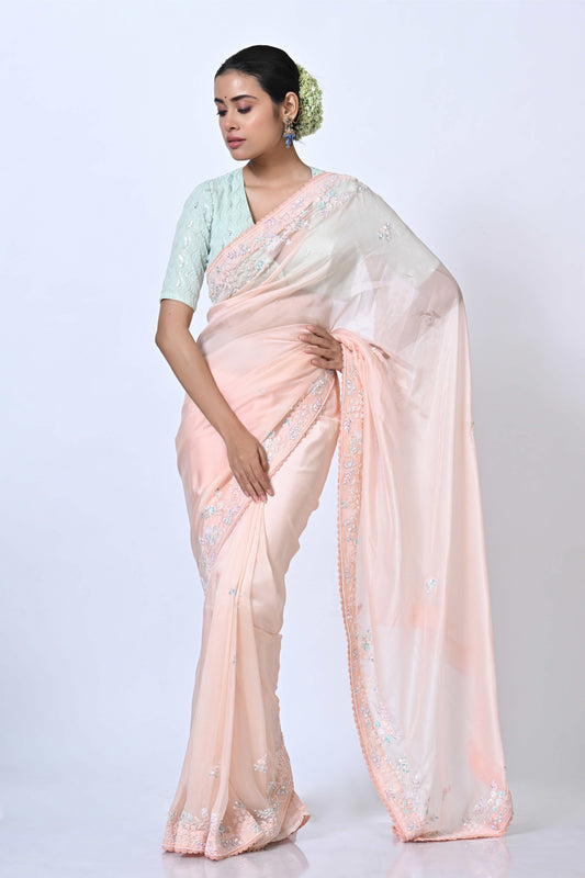 Organza Saree With Hand Embroidered