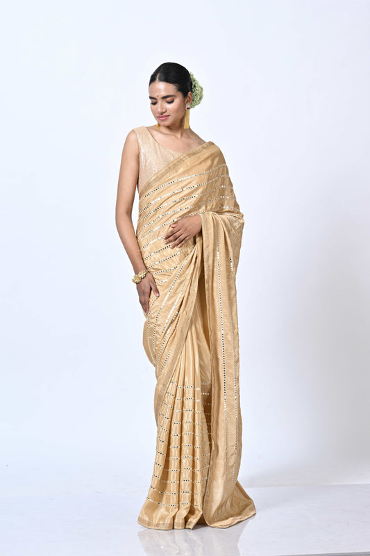 Georgette With Mirror Work Golden Saree