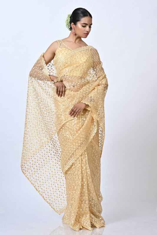 Golden Net and Embroidery Saree