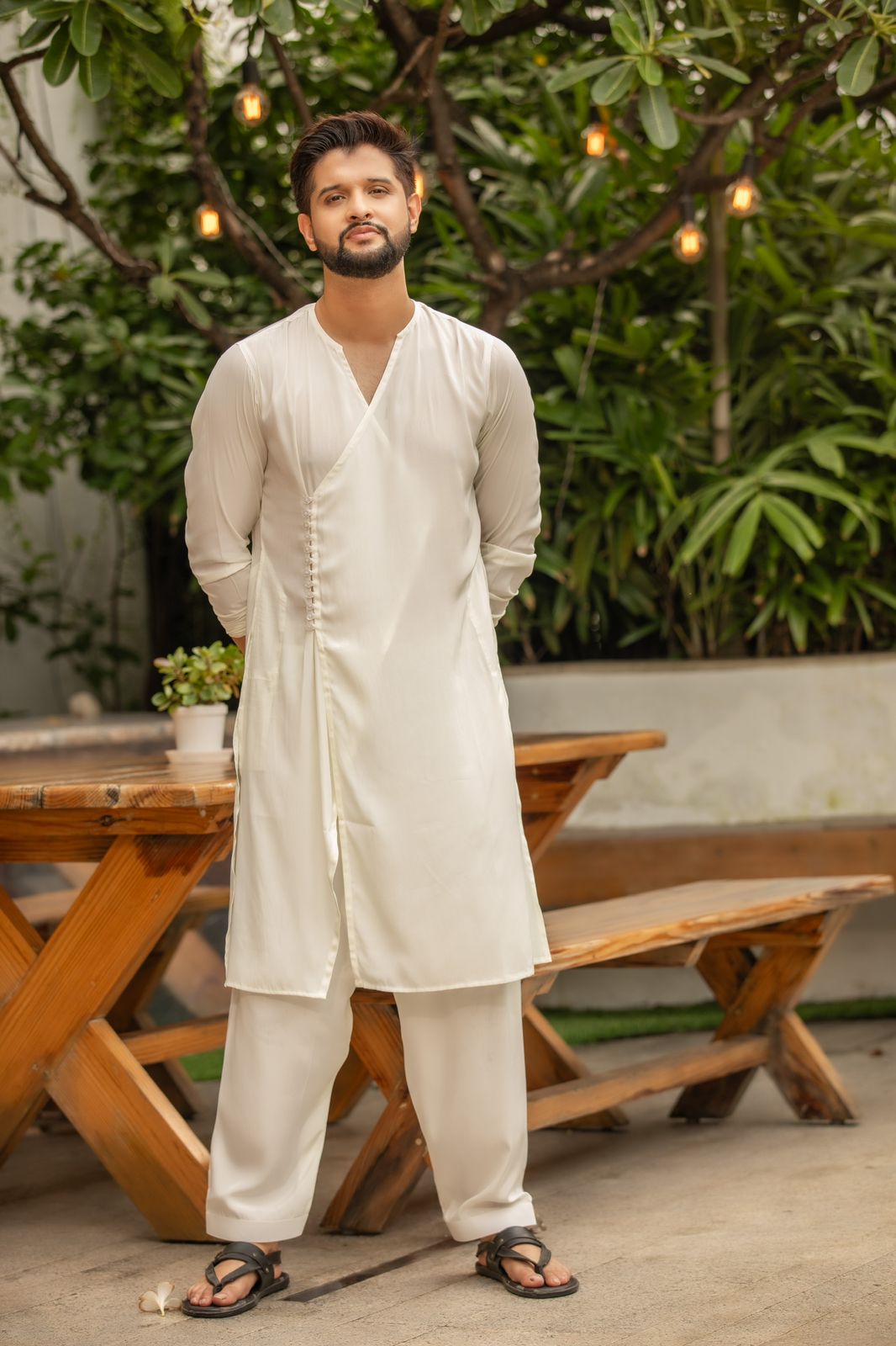 Sleek Smooth Kurta Set With Button - White