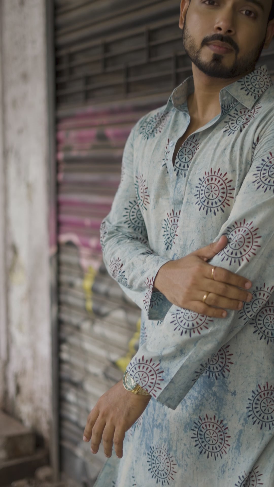 Combo of 2 Men Cotton Self Design Short Kurta Blue and Pink